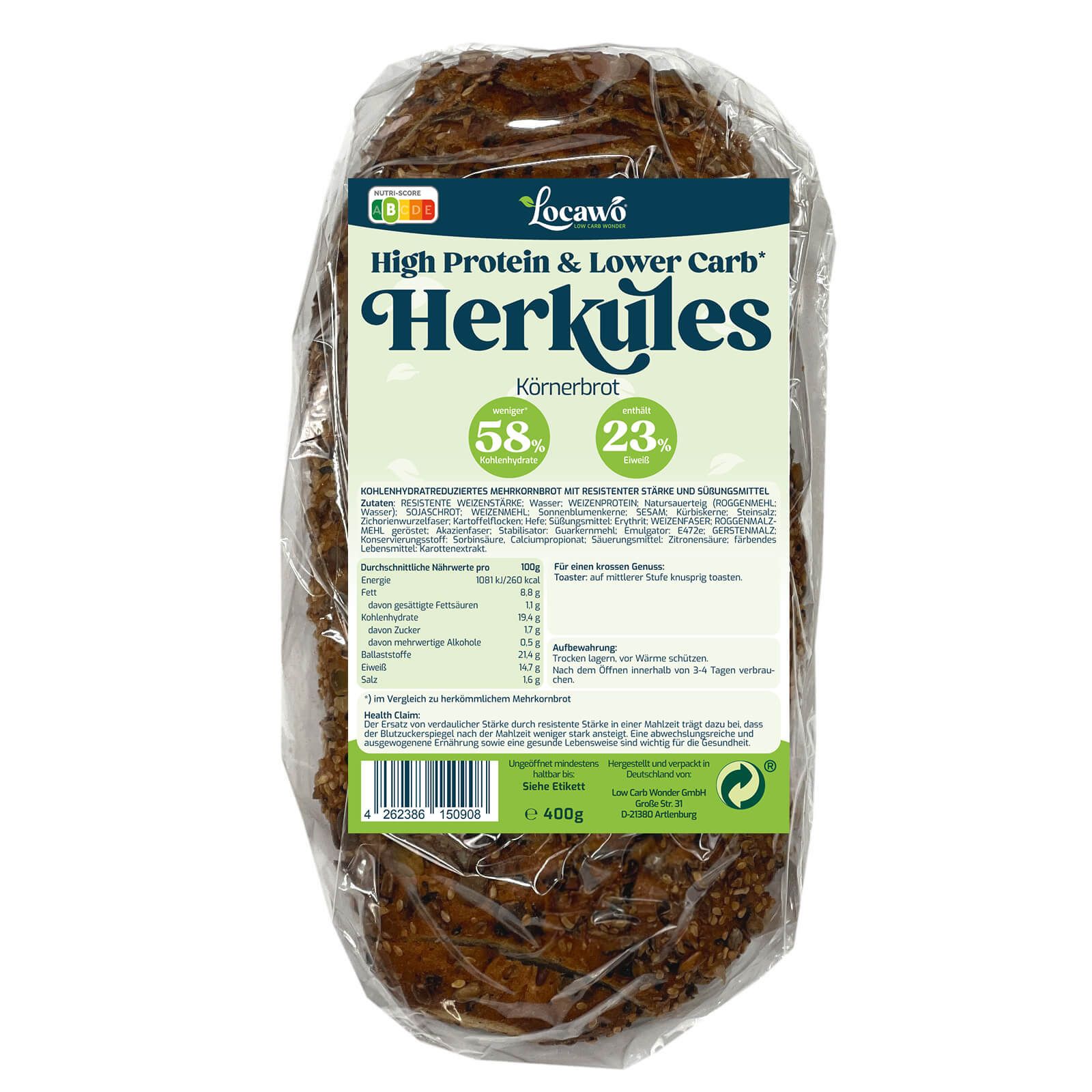 Körnerbrot Herkules in Folie verpackt. Aufdrucke: High Protein & Lower Carb, 58% Kohlenhydrate, 23% Eiweiß. 400g.