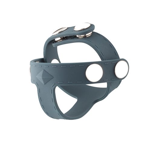 Blau-graues Produkt mit drei Knöpfen und einem Diamantmuster. Es hat eine runde Form mit Öffnungen.