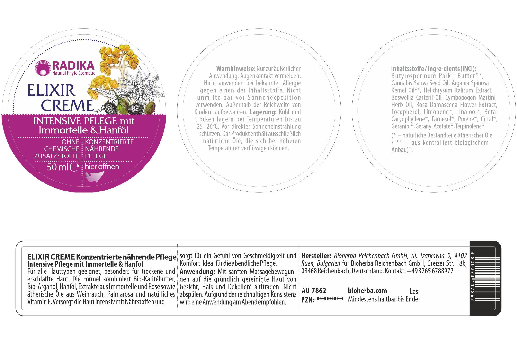 Runde Dose mit Deckel, Text: Elixir Creme, Intensive Pflege mit Immortelle & Hanföl, 50ml. Aufschrift: Radika Natural Phyto Cosmetic.