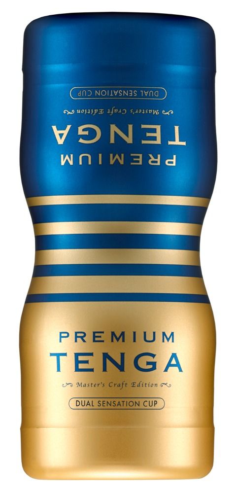 Zylindrisches Produkt, blau-goldfarben. Aufschrift: PREMIUM TENGA, Dual Sensation Cup, Master's Craft Edition.