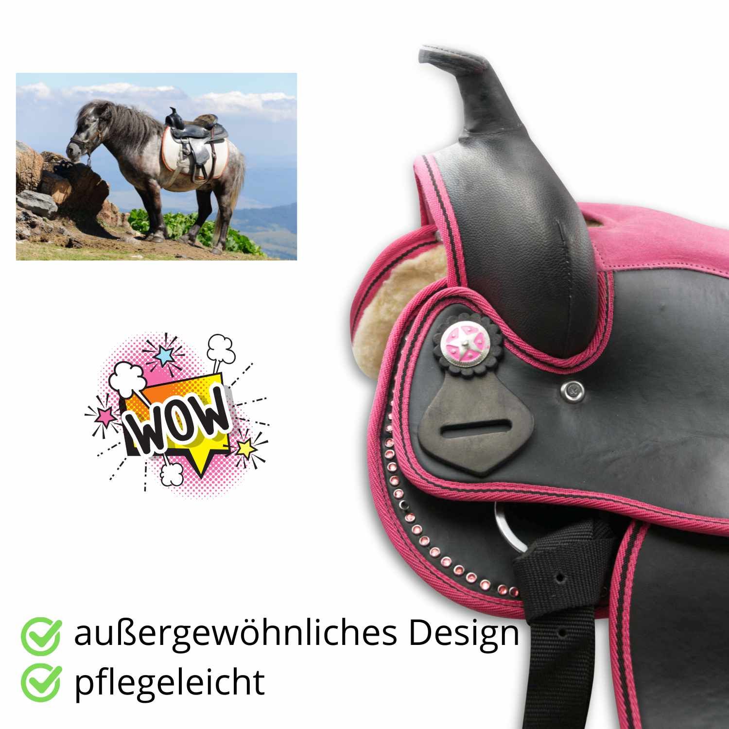 Schwarzer und pinkfarbener Westernsattel für Pony/Shetty. Mit Strasssteinen und Stern-Applikationen verziert. Text: außergewöhnliches Design, pflegeleicht.
