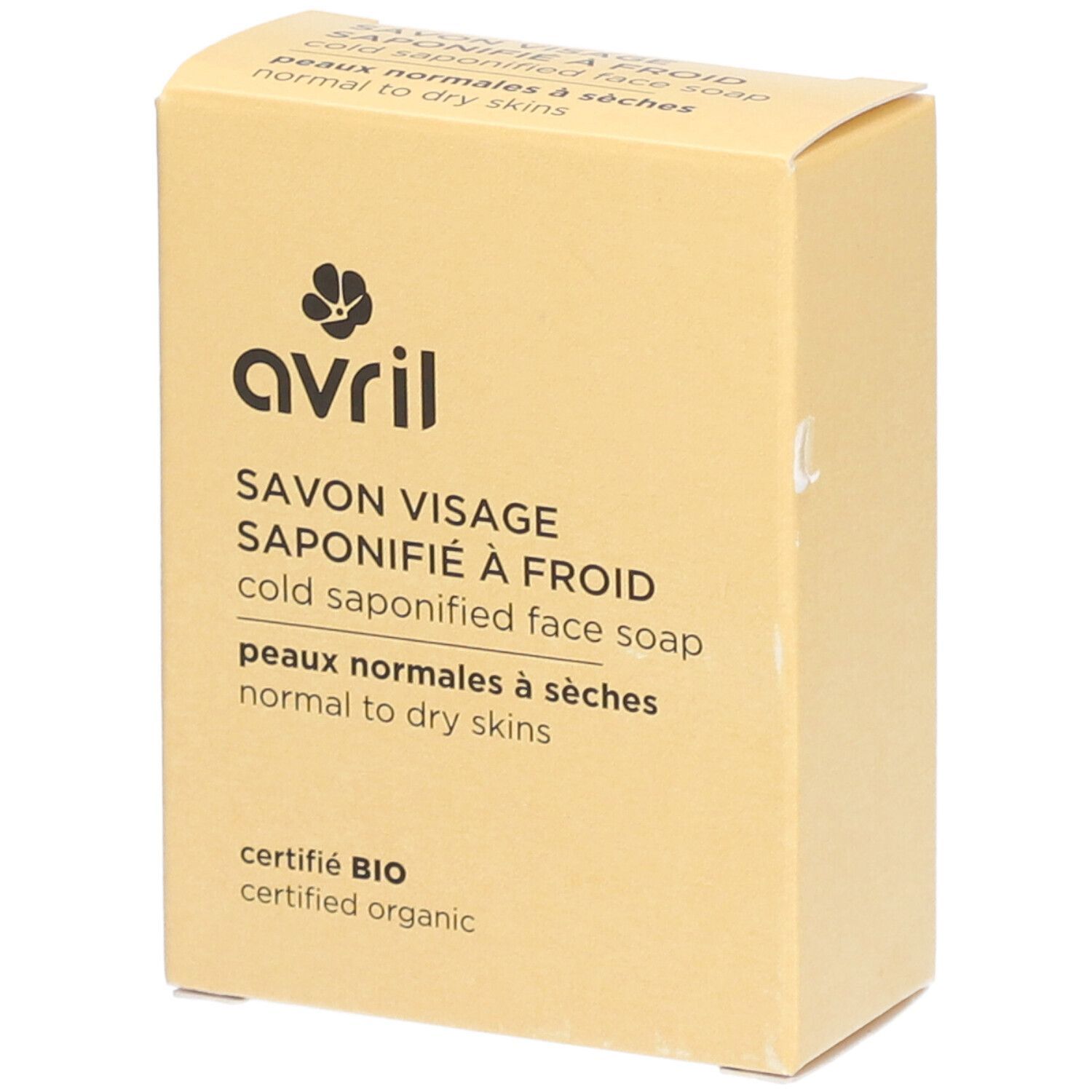 Beige Kartonverpackung. Aufschrift: avril, Savon Visage, Saponifié à Froid, Cold Saponified Face Soap, Peaux normales à sèches, Certifié Bio.