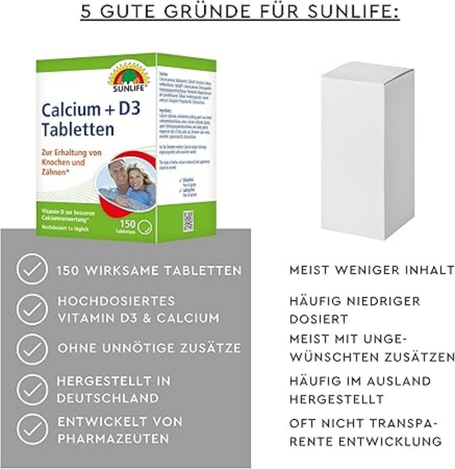 Grafik mit SUNLIFE Calcium + D3 Tabletten. 5 Gründe für SUNLIFE: 150 Tabletten, hochdosiert, ohne Zusätze, hergestellt in Deutschland.
