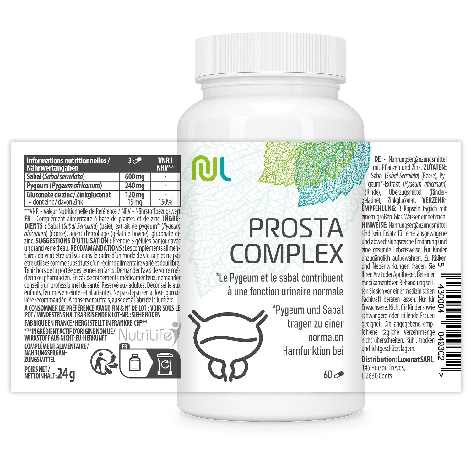 Weiße Flasche NutriLife Prosta Complex mit Etikett. Aufschrift: Prosta Complex, 60 Kapseln. Inhaltsstoffe und Dosierung. 24g Nettogewicht.