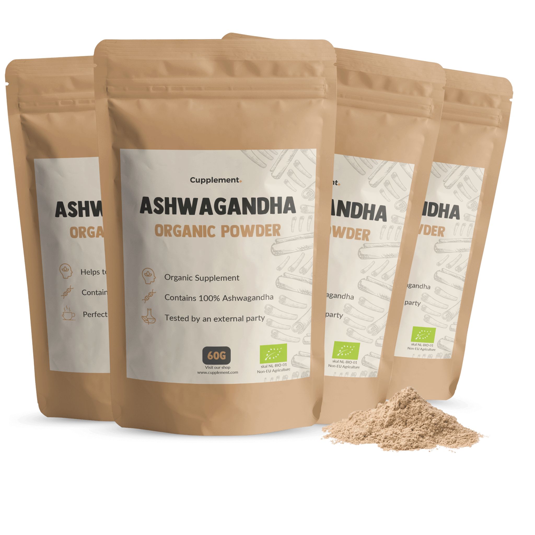 Mehrere Beutel Cupplement Ashwagandha BIO-Pulver. Aufschrift: Ashwagandha Organic Powder. 60g, Bio-Siegel.