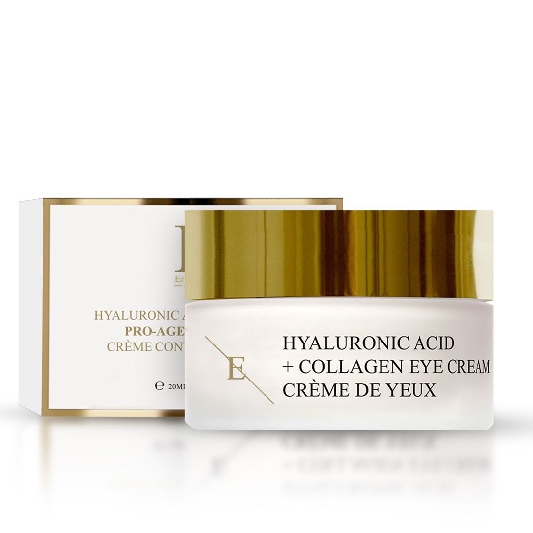 Cremebehälter mit goldfarbenem Deckel und Karton. Aufschrift: Hyaluronsäure + Kollagen Eye Cream, Crème de Yeux. Weißes Glas, E-Logo.