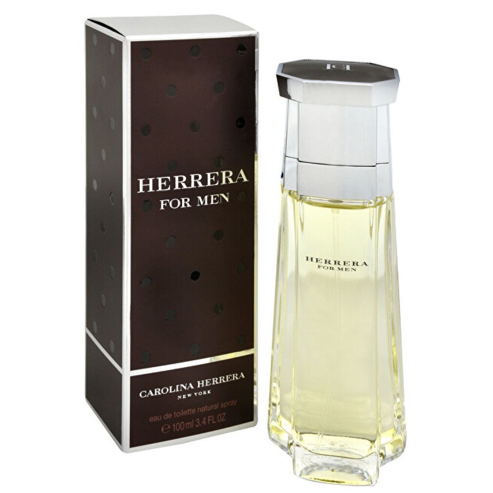 Herrera For Men Eau de Toilette Flakon und Verpackung. Braune Schachtel, Schriftzug.