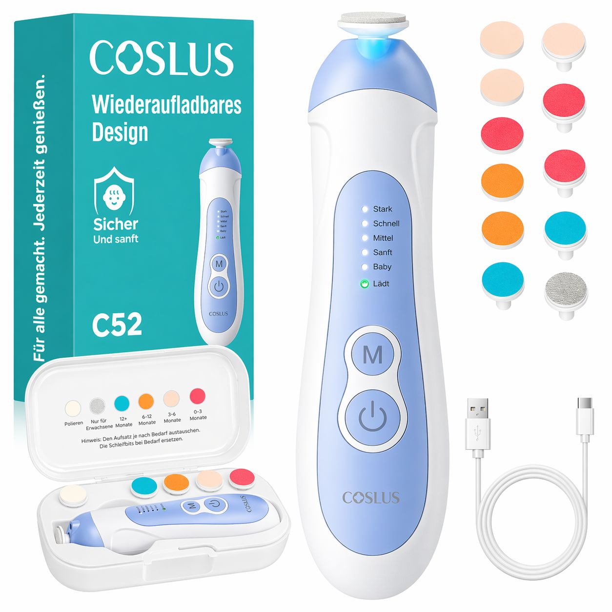 Elektrische Nagelfeile, blau-weiß. Verpackung mit Zubehör. USB-Kabel. Aufsätze in verschiedenen Farben. C52-Modell.