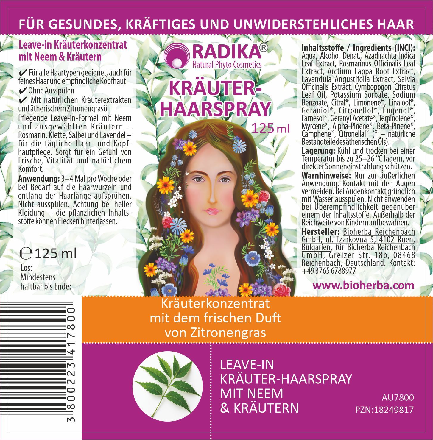 Produktetikett mit Text und Abbildung einer Frau mit Blumen im Haar. Text: Kräuter Haarspray, 125 ml, Leave-in mit Neem & Kräutern. Inhaltsstoffe.
