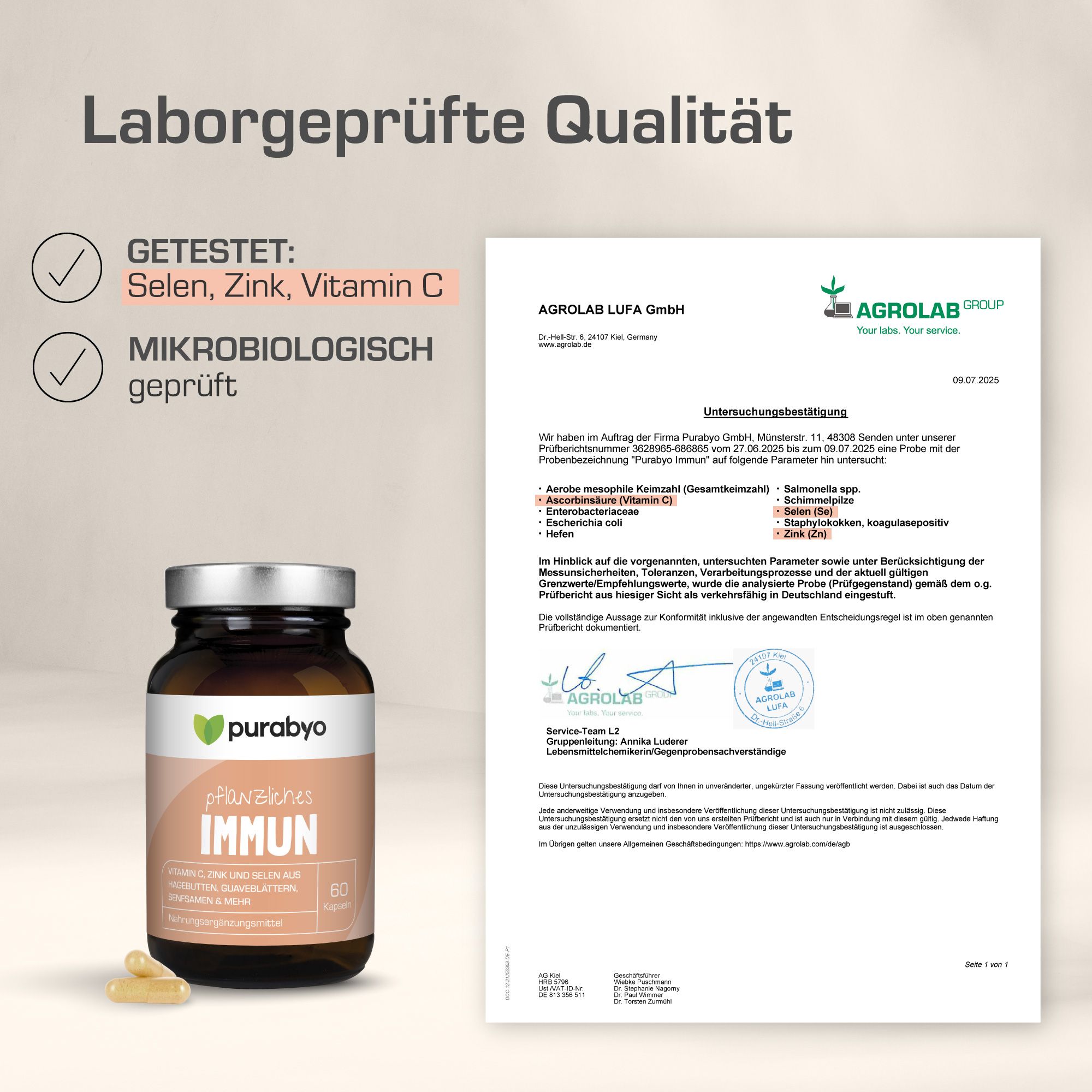 Braune Glasflasche mit "purabyo" und "pflanzliches IMMUN" neben einem Laborzertifikat. 60 Kapseln. Getestet: Selen, Zink, Vitamin C.