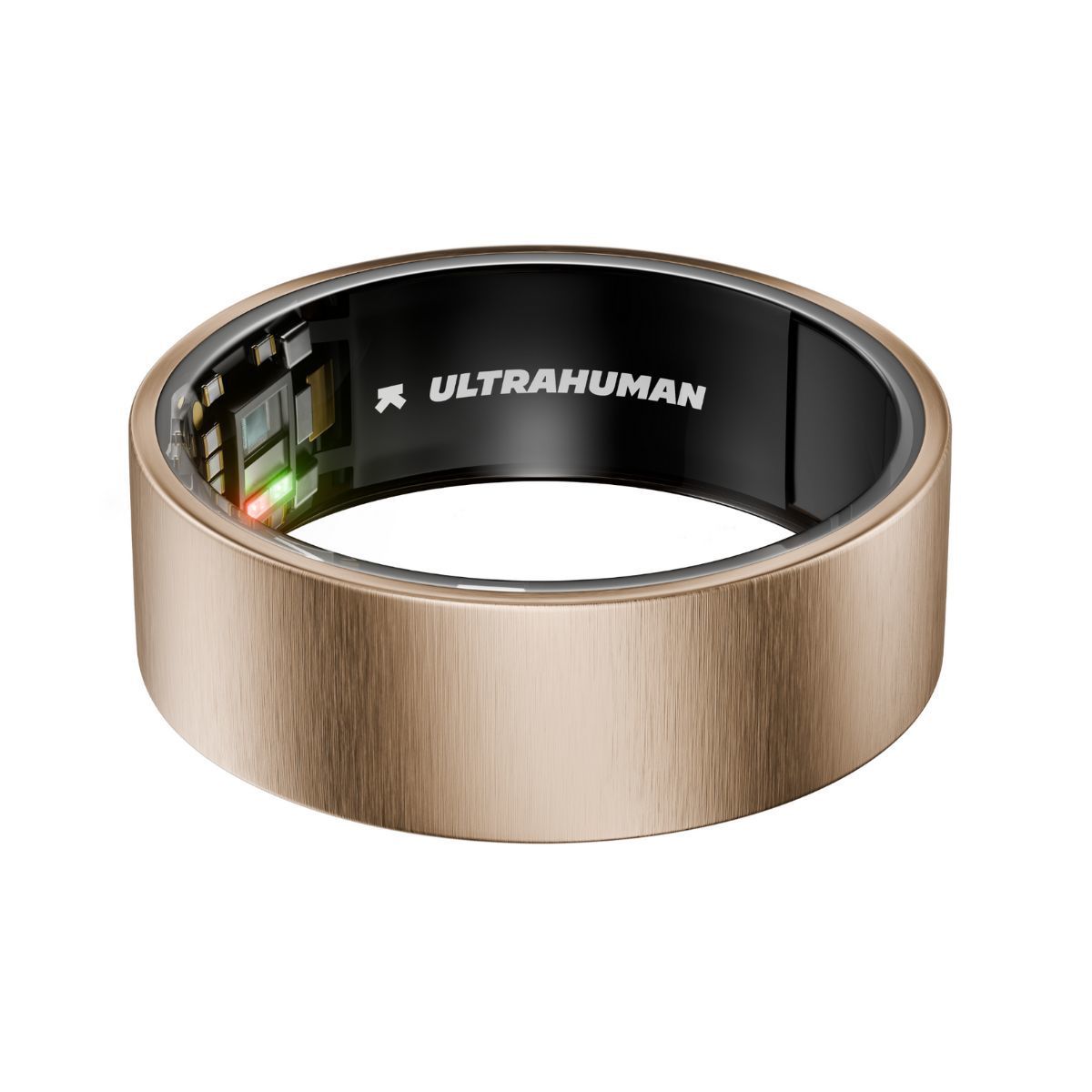 Goldfarbener Ring. Innenliegend schwarzes Element mit Schriftzug ULTRAHUMAN. Elektronische Bauteile und LEDs sichtbar.
