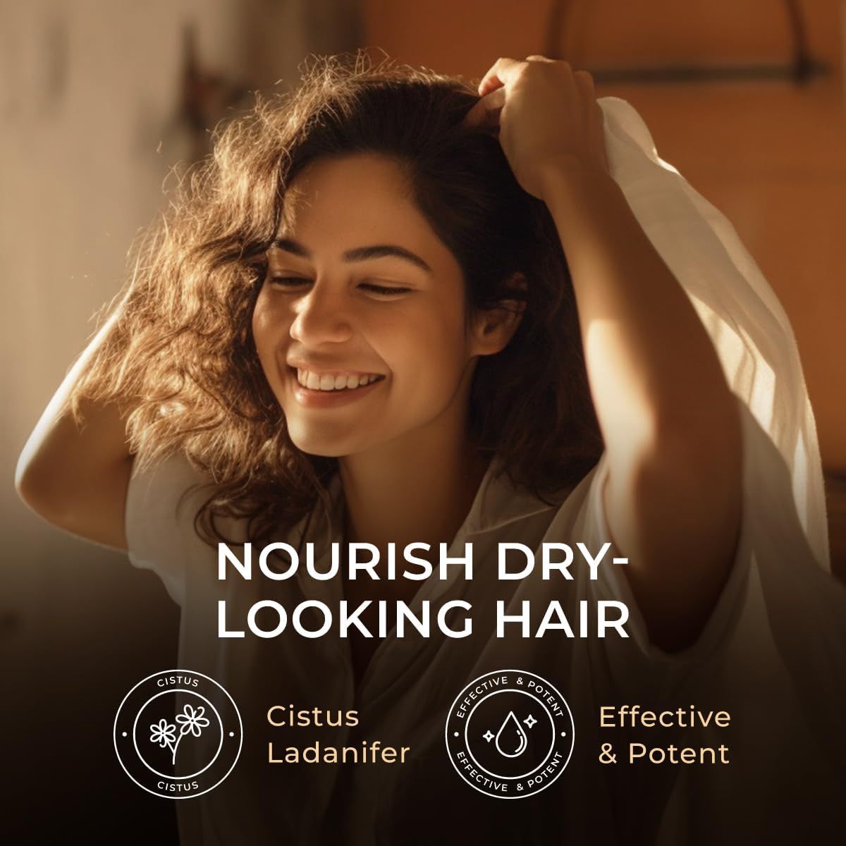 Frau mit lockigem Haar. Text: "Nourish Dry-Looking Hair". Logos: Cistus, Effective & Potent.