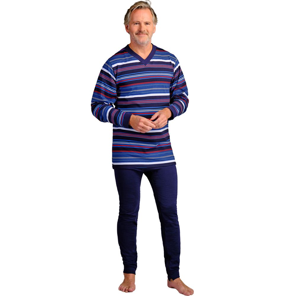 Herren-Overall, lang, blau-gestreiftes Oberteil, dunkelblaue Hose. Mann steht barfuß. V-Ausschnitt, lange Ärmel, Beinabschluss.