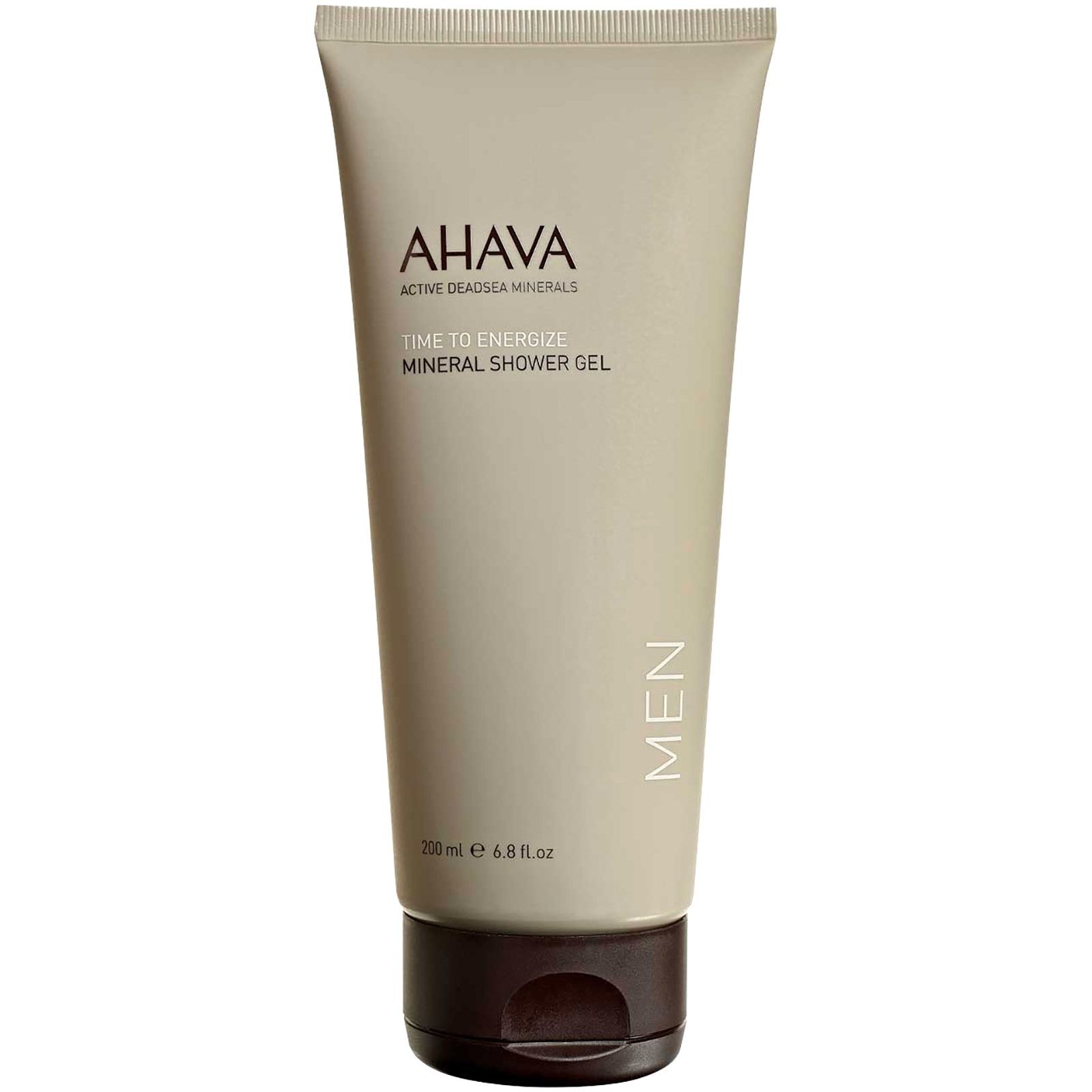 Ahava Men Duschgel, 200 ml. Beige Tube mit braunem Verschluss.