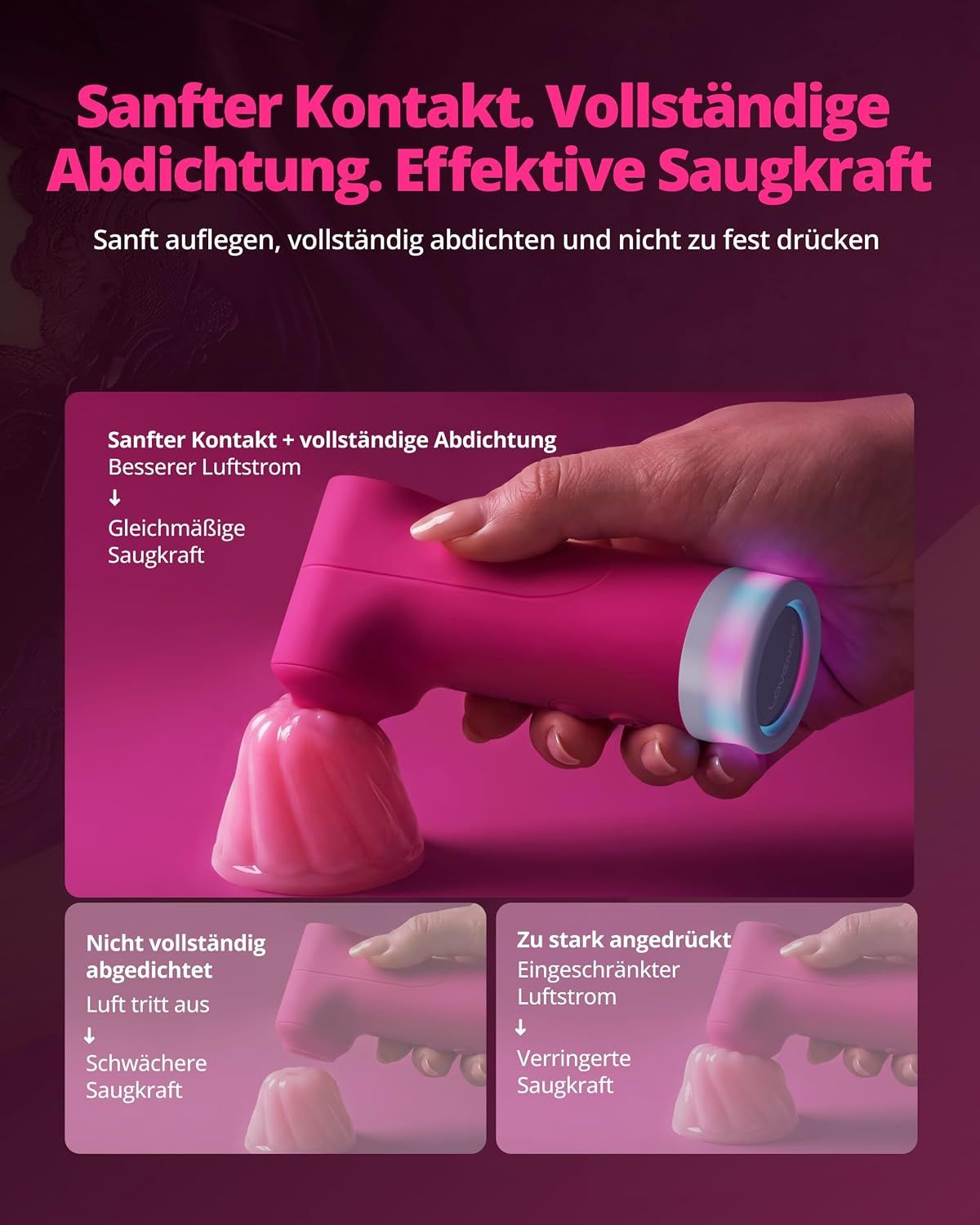 Pinker Saugstimulator mit abgerundetem Kopf und LED-Beleuchtung am Griffende.