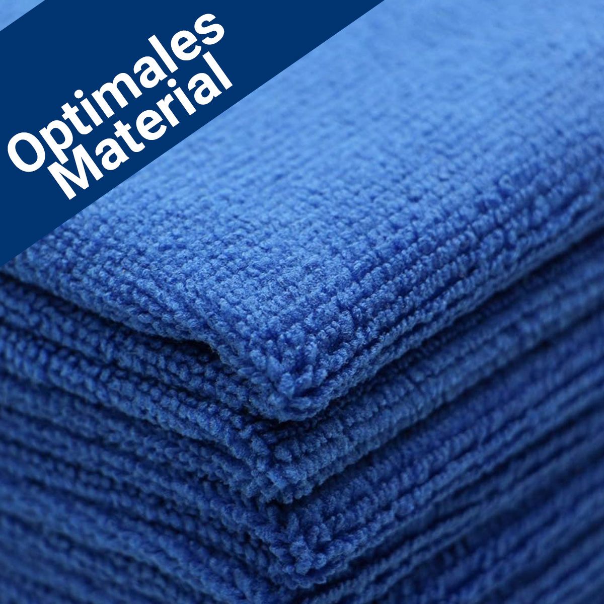 Nahaufnahme von blauen Mikrofasertüchern. Text: Optimales Material.