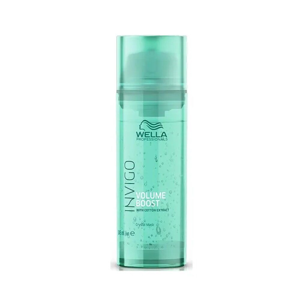 Türkisgrüne Flasche mit Wella Invigo-Logo und Text. Produktname: Volume Boost Crystal Mask. Mit Baumwollextrakt. 200 ml.
