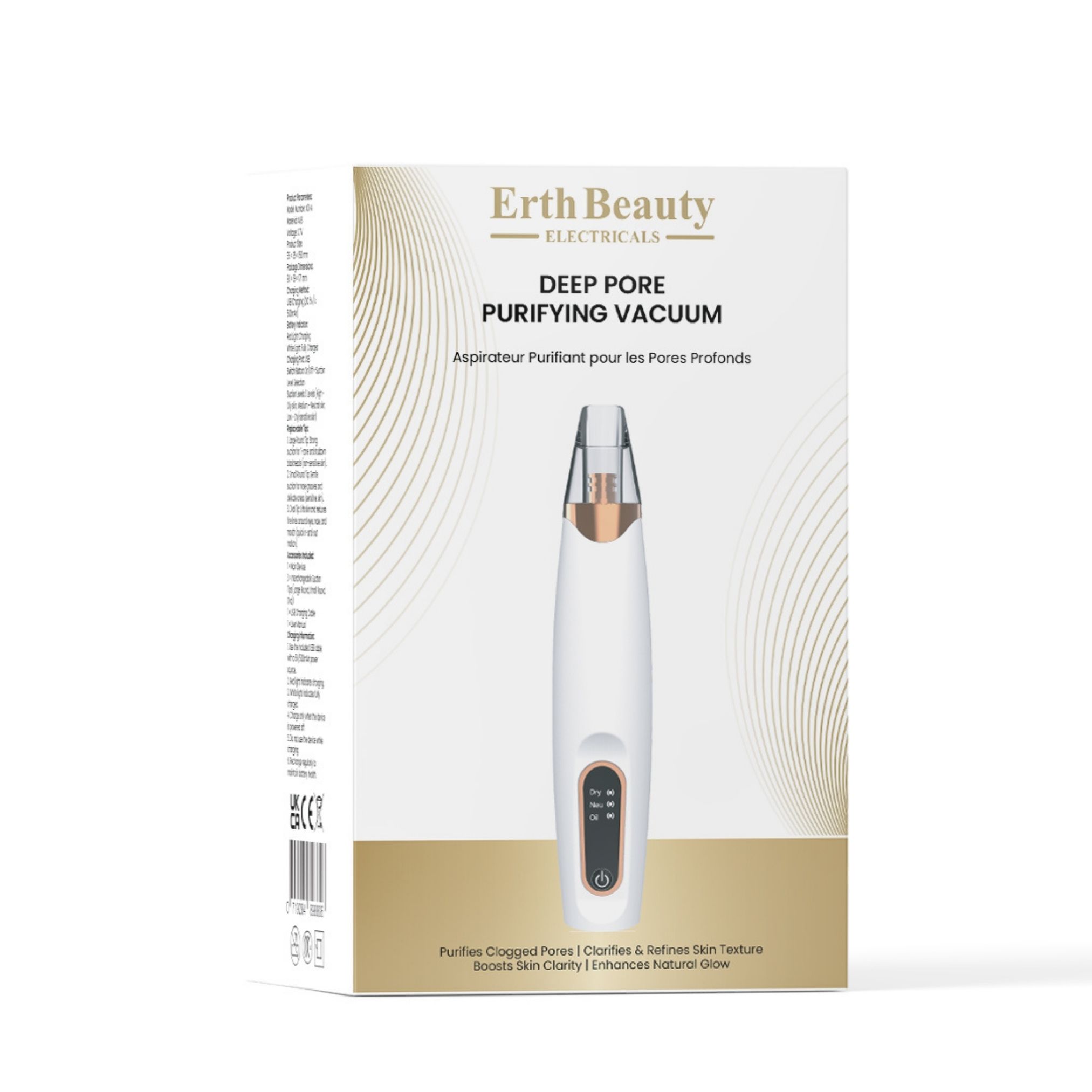 Produktverpackung mit ErthSkin London Deep Pore Purifying Vacuum. Weißes Gerät mit goldenen Akzenten. Text: Aspirateur Purifiant pour les Pores Profonds.