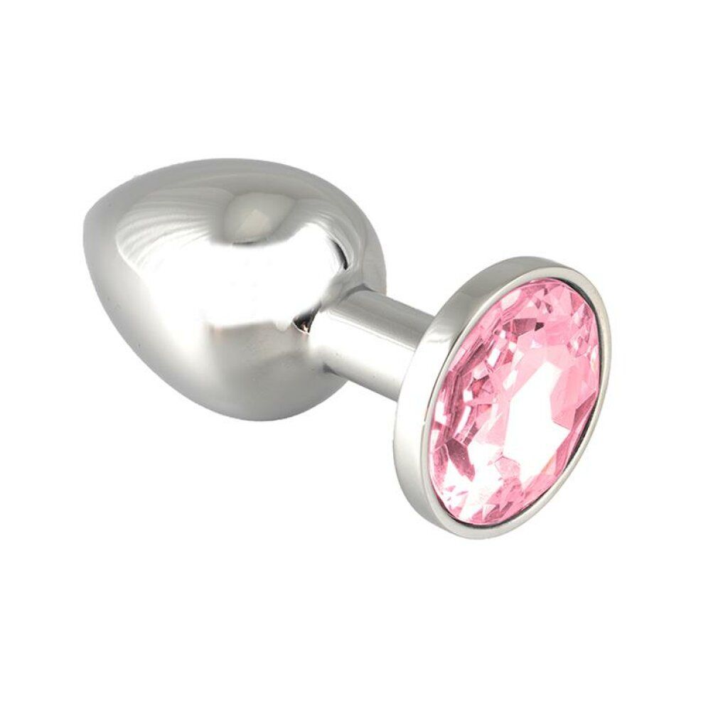 Silberfarbener Buttplug mit ovalem, pinkfarbenem Kristall. Der Plug hat eine ovale Form.