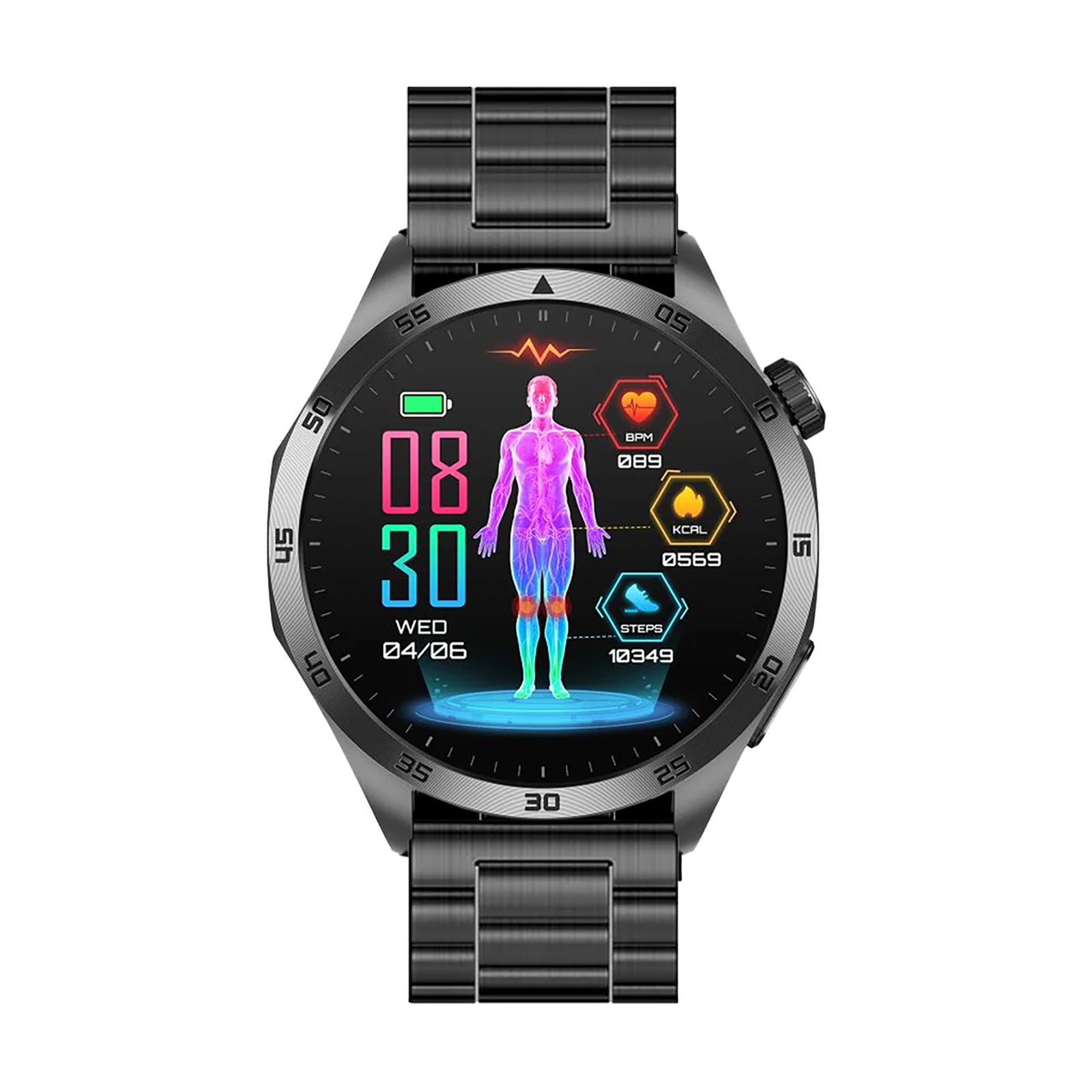 Smartwatch mit schwarzem Metallarmband. Rundes Display mit Gesundheitsdaten: Herzfrequenz, Kalorien, Schritte. Anzeige von Datum und Uhrzeit.