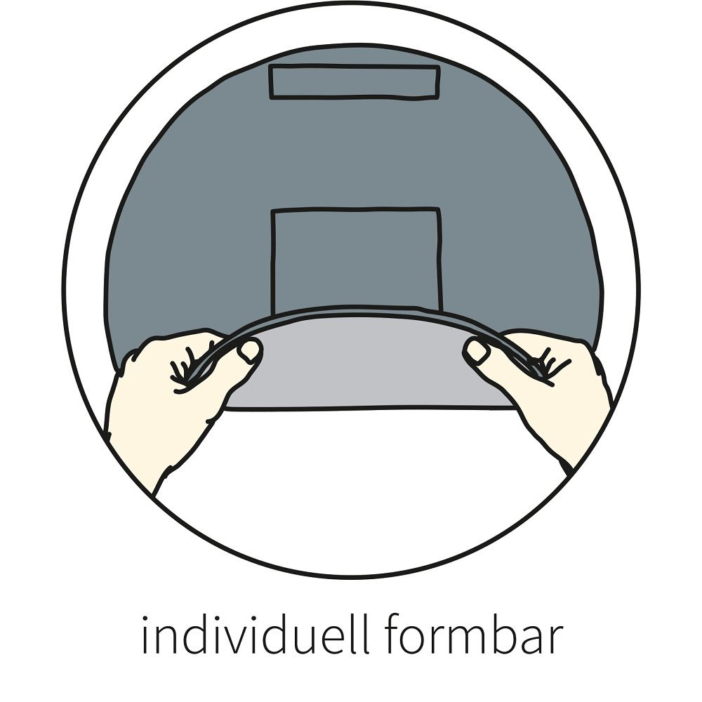 Illustration: Hände formen ein graues Kissen, das individuell anpassbar ist.