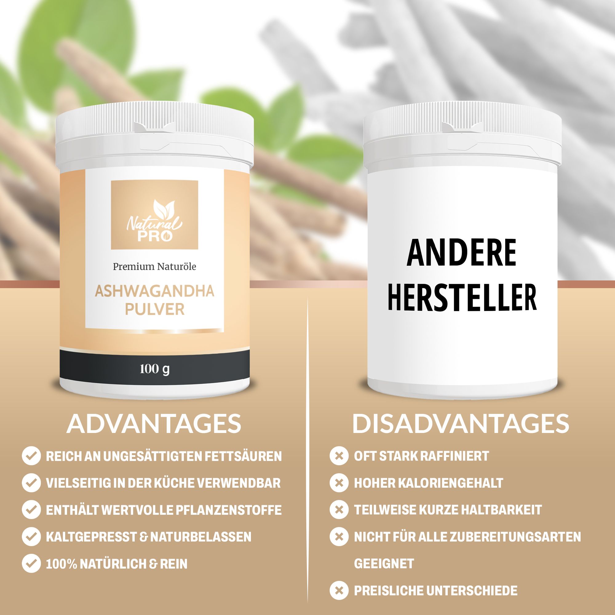 Vergleich von zwei Behältern. Links: Natural Pro Ashwagandha Pulver. Rechts: Andere Hersteller. Vorteile und Nachteile aufgelistet.