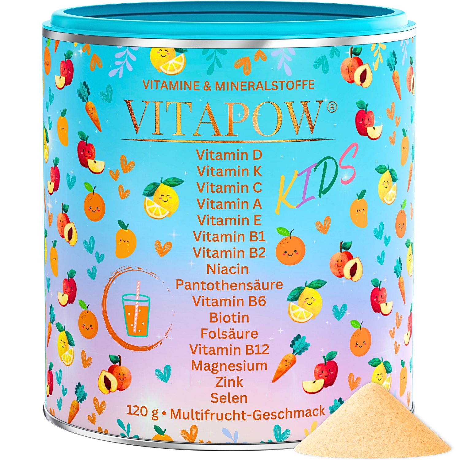 Produktverpackung mit Text: Vitamine & Mineralstoffe. 120g. Multifrucht-Geschmack. Pulver daneben.