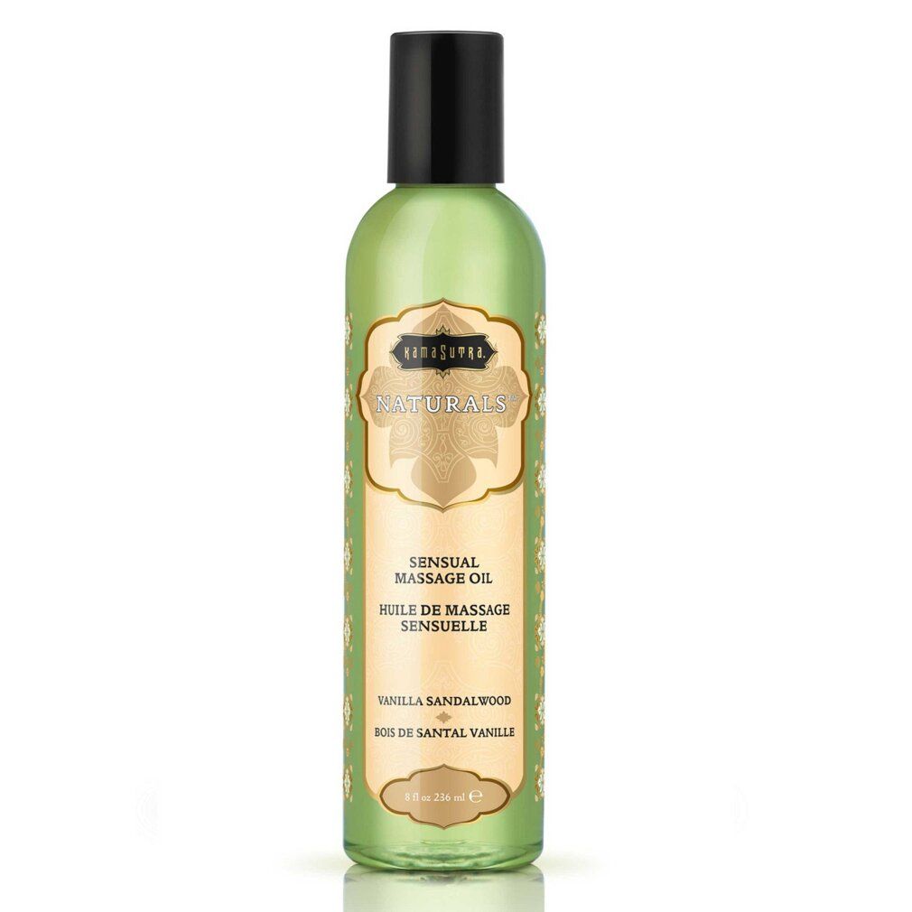 Grüne Flasche mit schwarzem Deckel. Text: Kama Sutra Naturals, Sensual Massage Oil, Vanilla Sandelwood. Goldfarbene Etiketten.