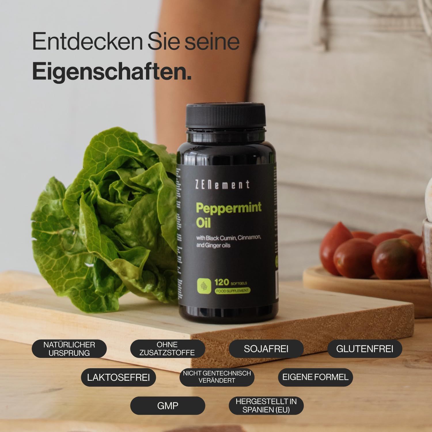 Flasche mit Kapseln neben Gemüse. Aufschrift: Zenement Peppermint Oil mit schwarzem Kümmel, Zimt und Ingwerölen. 120 Kapseln. Glutenfrei, Sojafrei, Laktosefrei.
