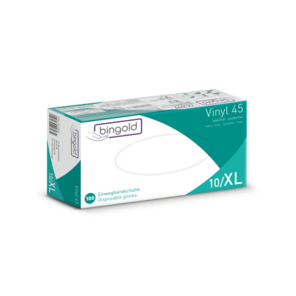 Verpackung von Bingold Vinyl 45 Einweghandschuhen. Weiß-grüne Schachtel mit Produktbezeichnung und Größenangabe 10/XL.