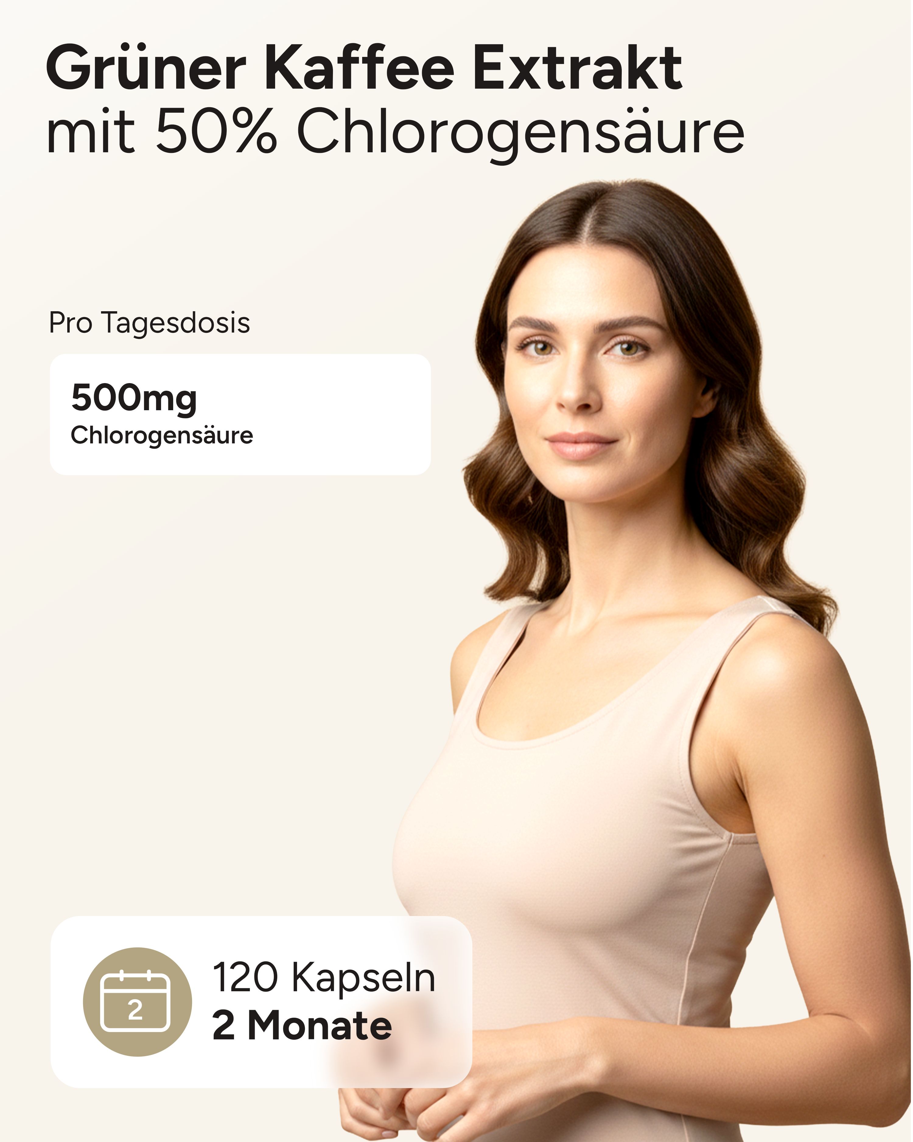 Frau mit Produktinformationen. Text: Grüner Kaffee Extrakt, 500mg Chlorogensäure, 120 Kapseln, 2 Monate.