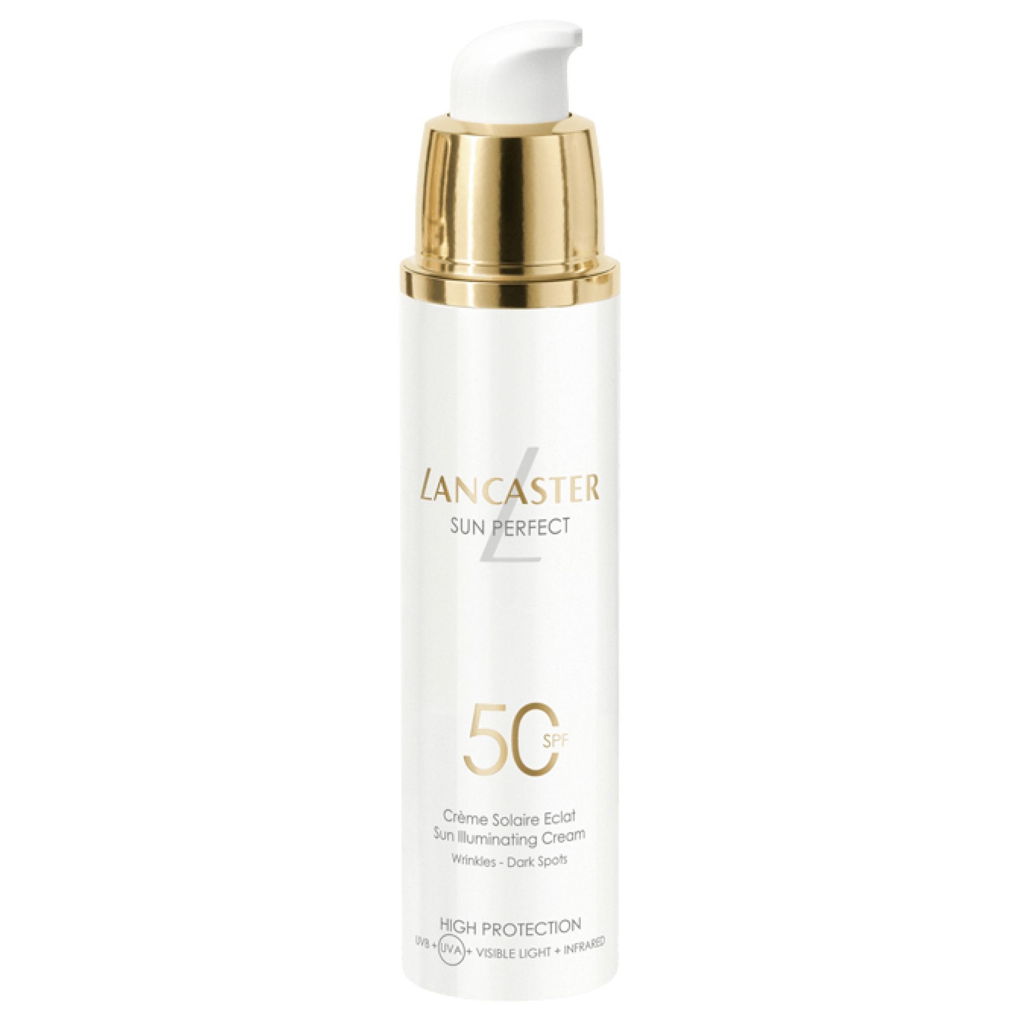 Lancaster Sun Perfect Illuminating Cream SPF50 Spenderflasche mit goldenem Applikator.