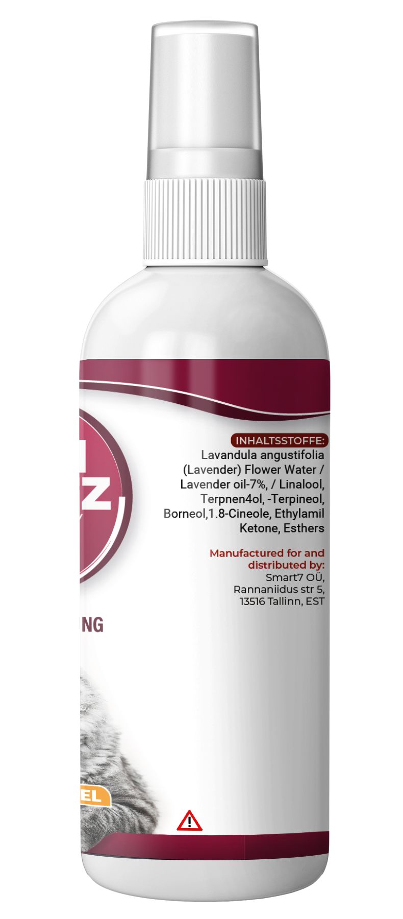 Rückseite einer weißen Sprühflasche. Text: Inhaltsstoffe, Lavendelblütenwasser, Lavendelöl, Terpene, Borneol, usw. Hergestellt für Smart7 OU.