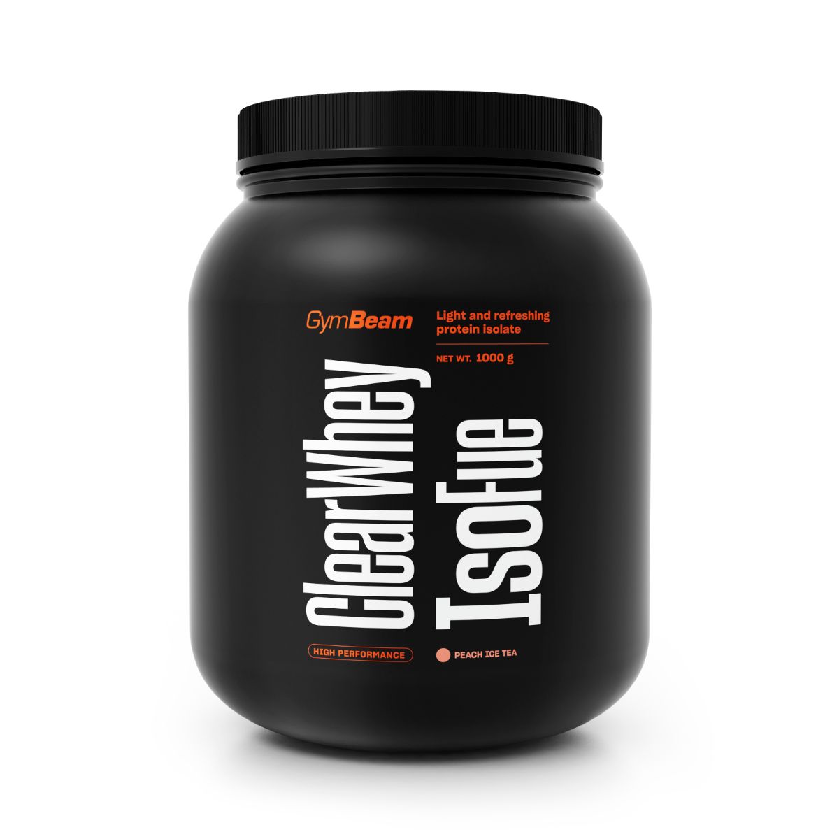 Schwarzer Behälter mit GymBeam Clear Whey IsoFue Molkenprotein-Isolat Pulver, 1000 g.