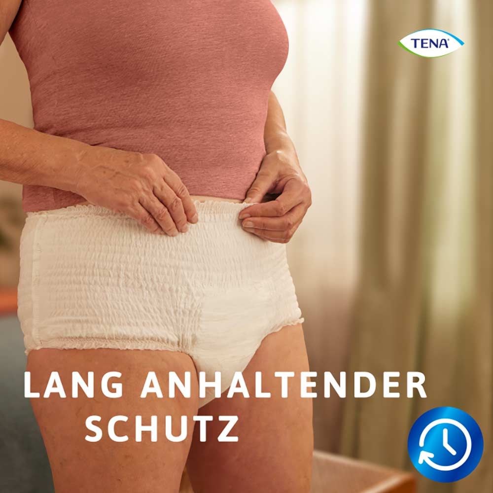Person trägt weiße Inkontinenzhose. Text: Lang anhaltender Schutz. Marke TENA.