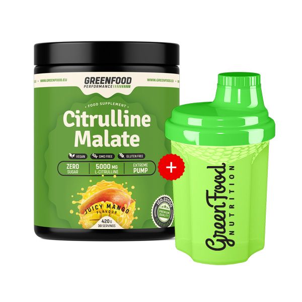 Schwarze Dose und grüner Shaker. Dose mit Aufschrift "Citrulline Malate". Shaker mit "GreenFood Nutrition" Logo. Mango-Geschmack.
