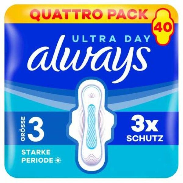 Always Ultra Day Damenbindsen, Quattro Pack, Größe 3, 40 Stück.