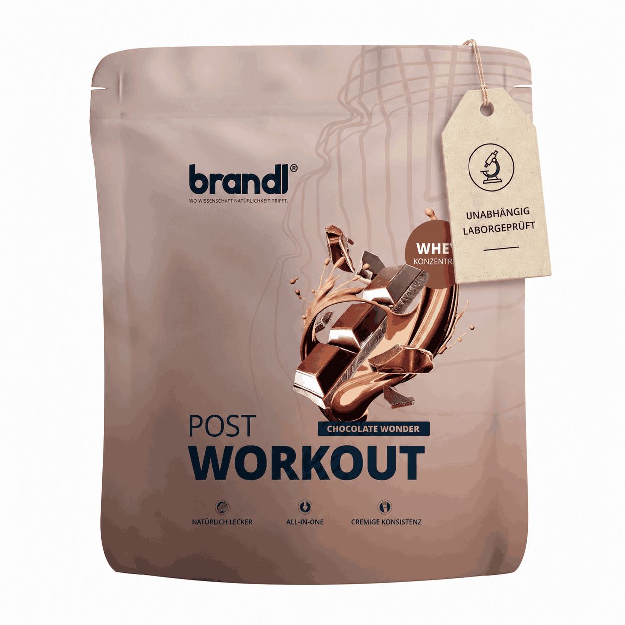 Beutel brandl® Protein-Pulver, braun. Text: Post Workout, Chocolate Wonder. Anhänger: Unabhängig laborgeprüft.