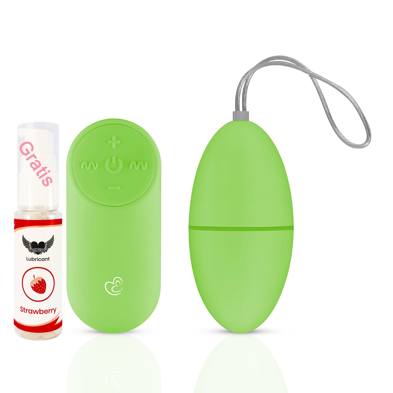 Grüner Ei-Vibrator mit Fernbedienung und Erdbeer-Gleitmittel. Fernbedienung mit Tasten. Gleitmittel-Flasche mit Aufschrift "Gratis".