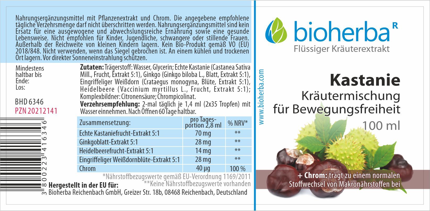 Braune Glasflasche mit schwarzem Deckel. Etikett mit Produktnamen, Logo und Inhaltsstoffen. Kastanien-Illustration.
