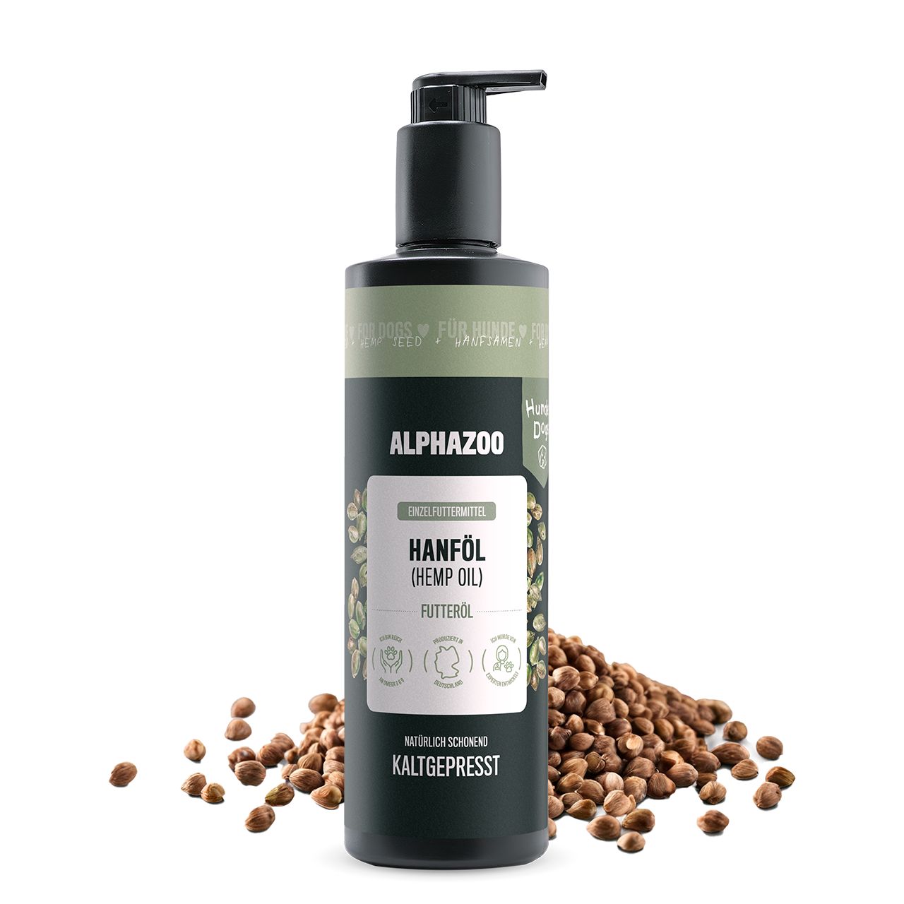 Schwarze Flasche mit Pumpe, ALPHAZOO Hanföl, Futteröl, kaltgepresst. Braune Samen liegen daneben.