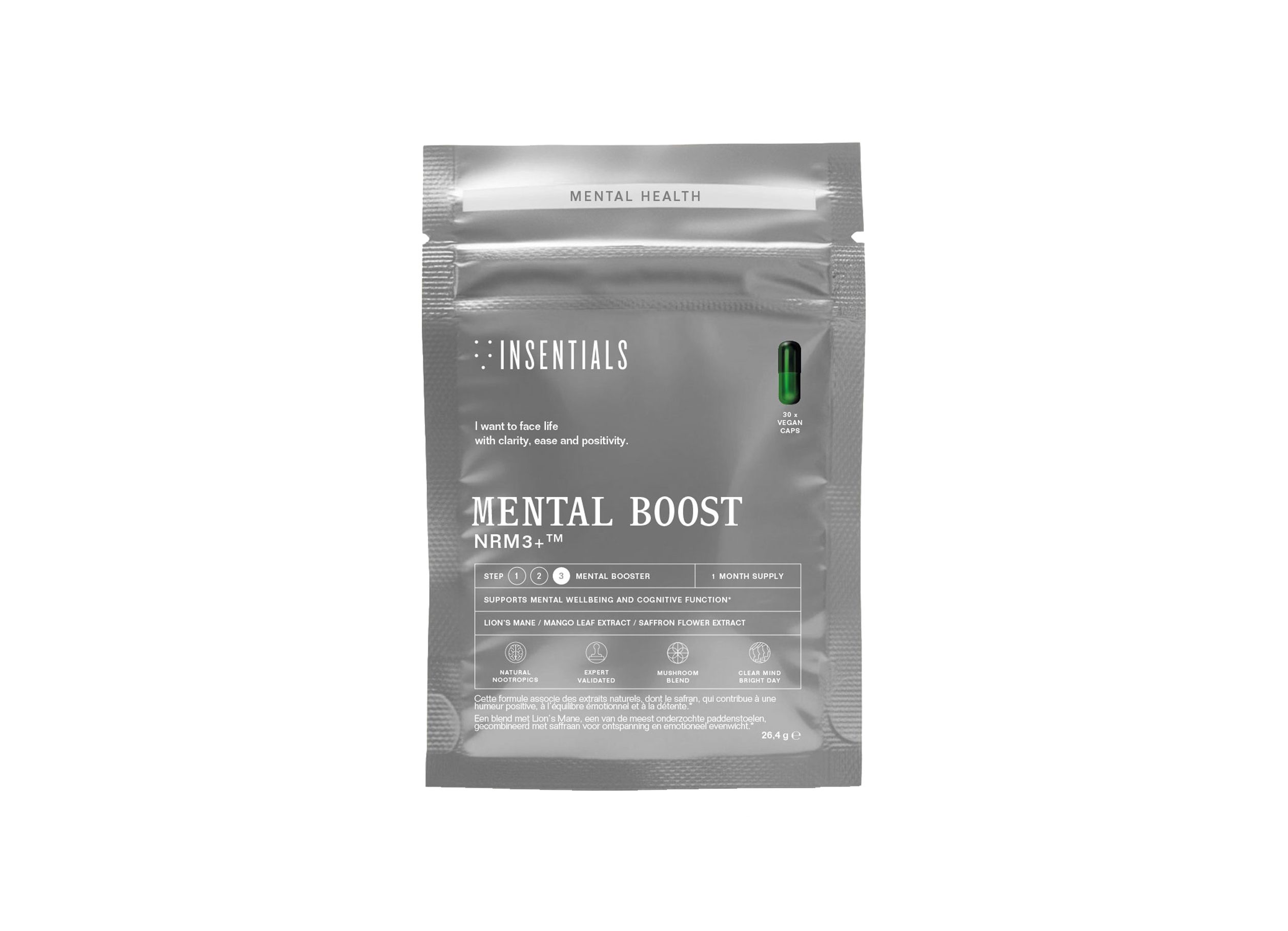 Silberfarbener Beutel mit Produktnamen 'Insentials' und 'Mental Boost'. Sichtbare Kapsel.