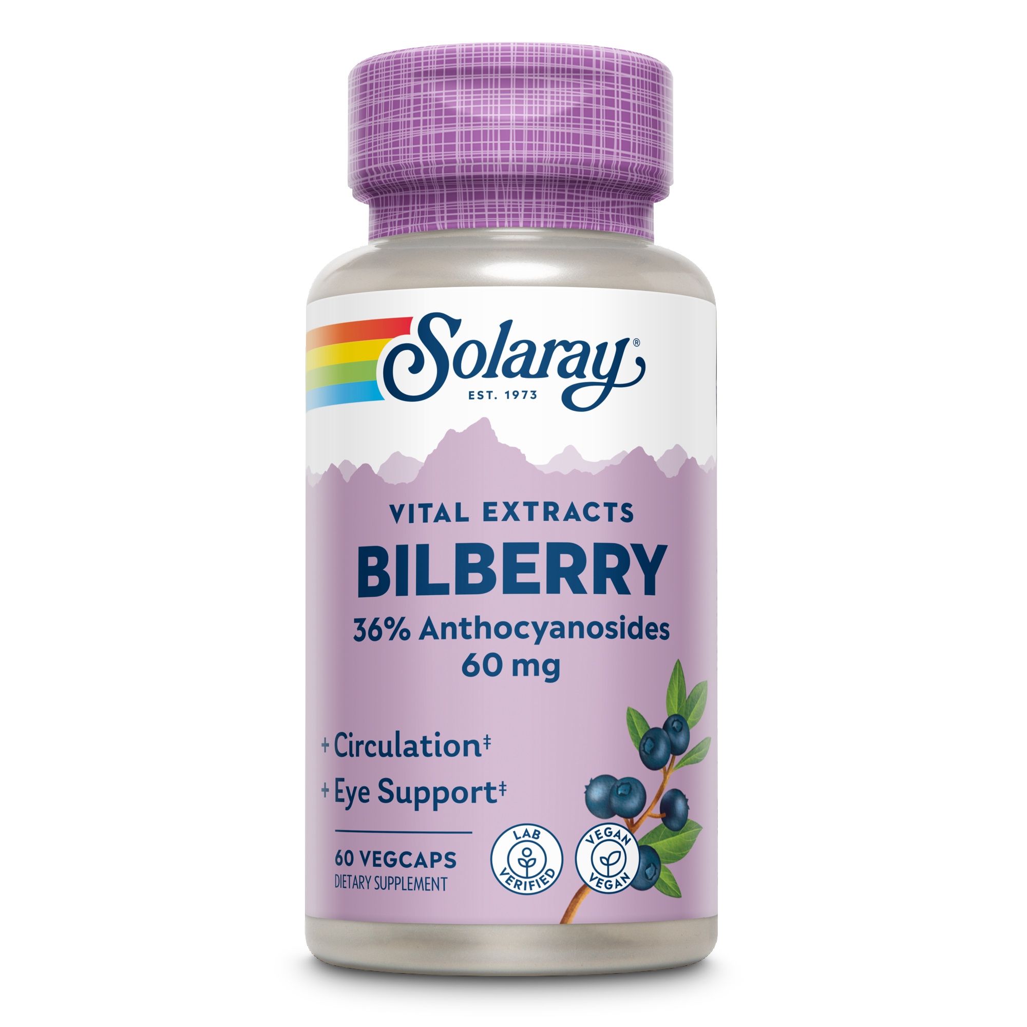 Solaray Blaubeere Extrakt-Flasche. 60 Vegicaps. Text: 36% Anthocyanoside, 60 mg. Vegan- und Lab-zertifiziert.