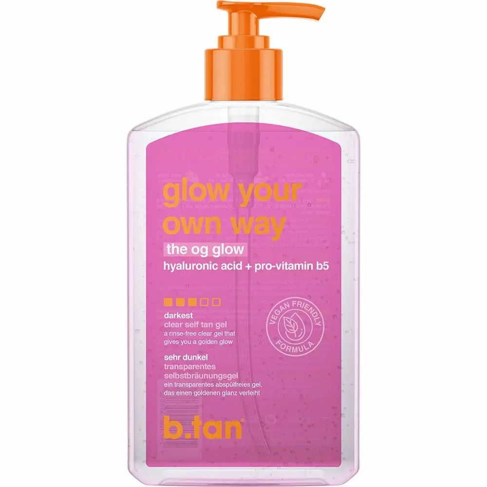 Transparente Flasche mit rosa Etikett. Aufschrift: glow your own way, the og glow, b.tan. Mit Dosierpumpe.