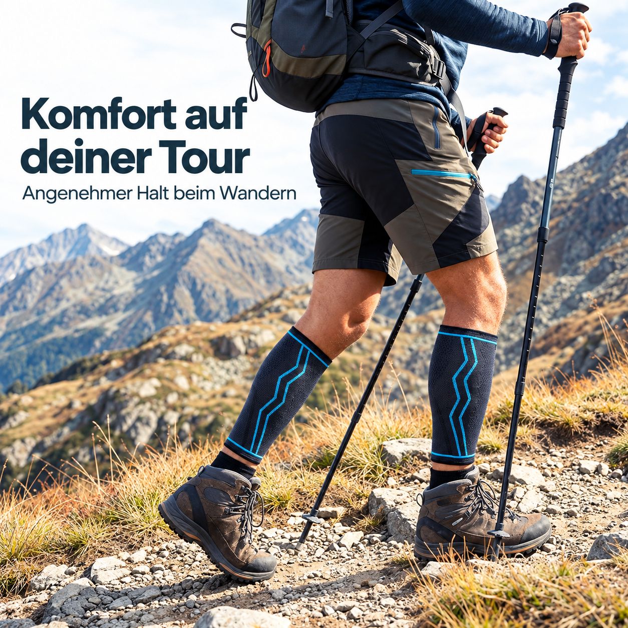 Wanderer mit Wadenbandagen in bergiger Landschaft.