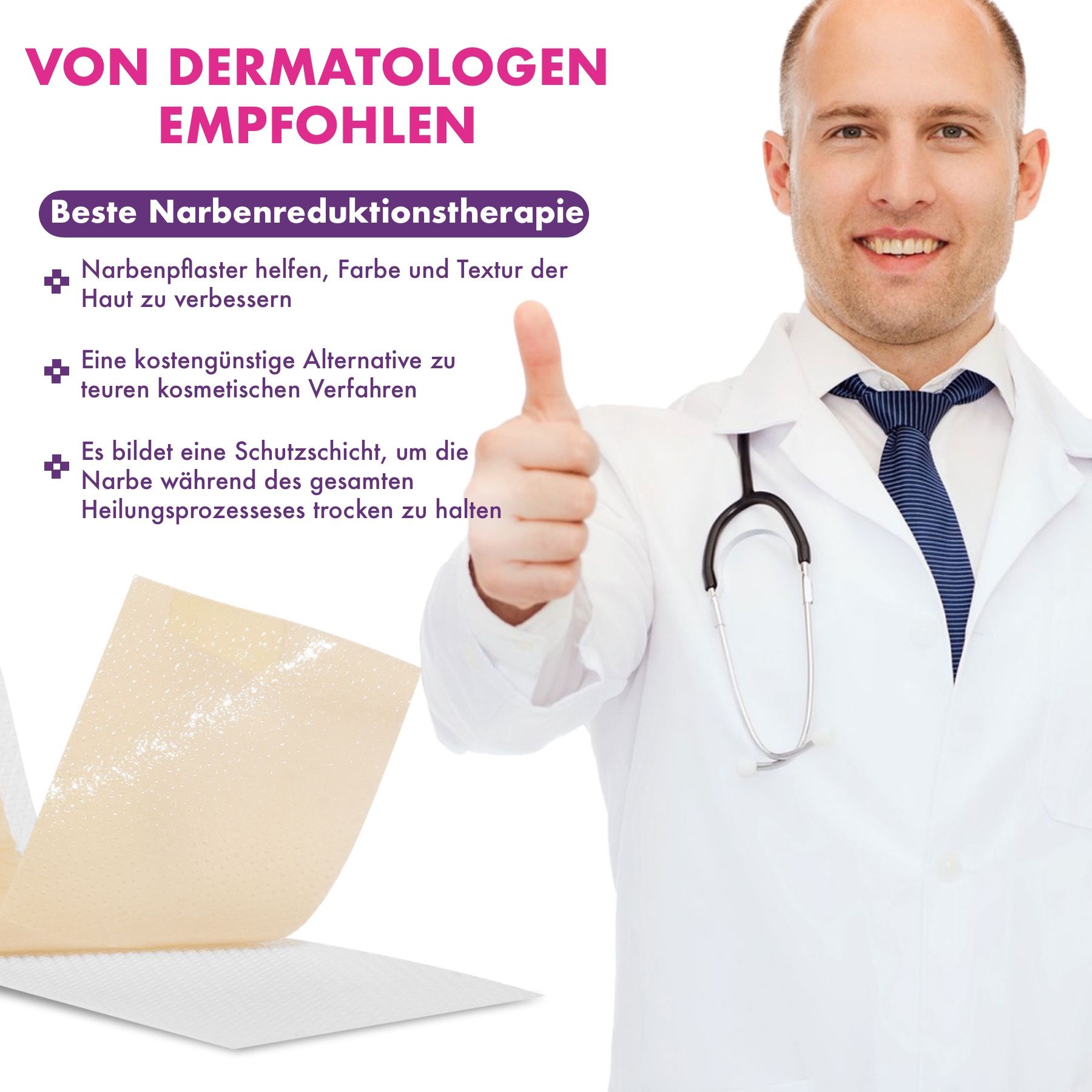 Arzt mit Silikonpflaster. Empfehlungen: Narben verbessern, kostengünstige Alternative, Schutzschicht.
