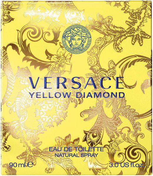 Gelbe Verpackung von Versace Yellow Diamond. Logo, Schriftzug und dekoratives Muster. Text: Eau de Toilette.