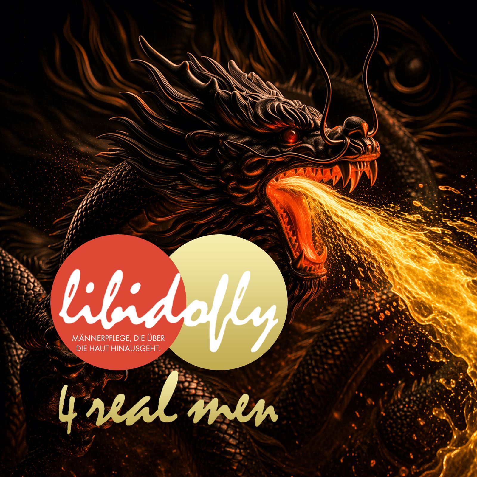 Drache. Libidofly® Logo. Text: Männerpflege, die über die Haut hinausgeht. 4 real men.