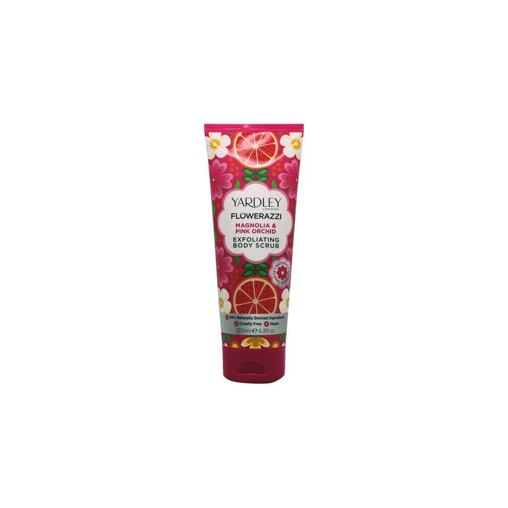 Tube mit floralem Design. Text: Yardley Flowerazzi Magnolia & Pink Orchid Body Scrub. Exfoliating Body Scrub.