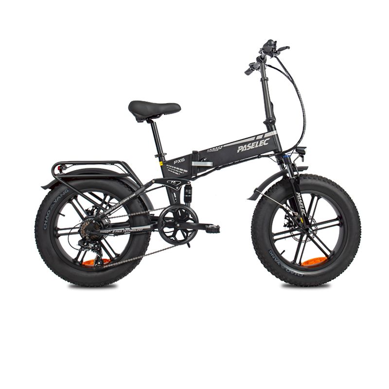 Faltbares E-Bike, schwarz. Große Reifen, Gepäckträger, Sattel, Lenker. "PASELEC" Schriftzug.